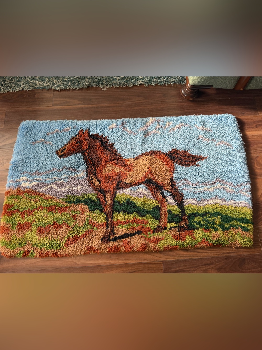 Vintage Latch Hook Horse Wall Hanging Rug Brown Blue Large